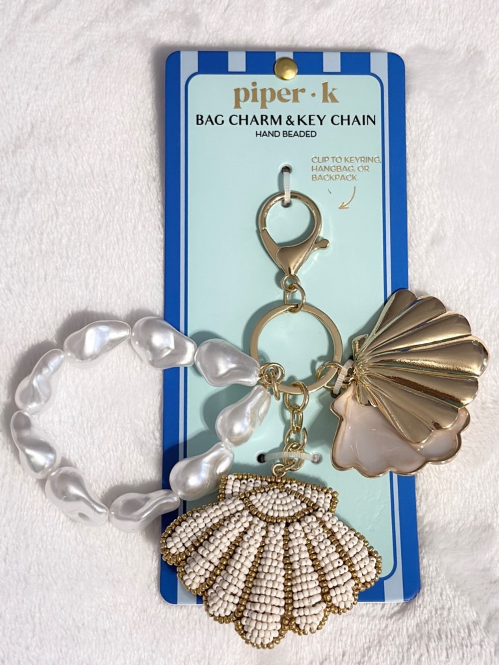 Piper K Shell Bag Charm & Key Chain with Gold and Pearl Shells